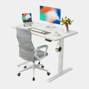 Standing Desk and Ergonomic Chair Bundle - 140cm White Electric Desk + Grey Mesh Office Chair